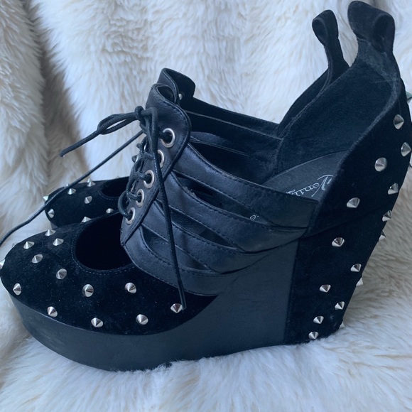 5"Black Spiky Punk Platform Laced Up Ankle Booties - Picture 1 of 8